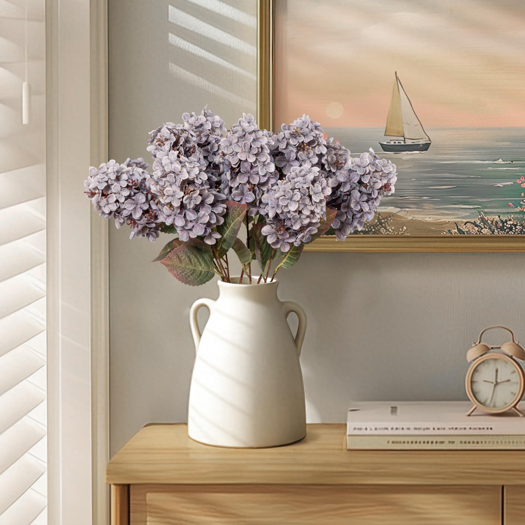 Ttranewsoo Hydrangea Artificial Flowers,Fall Hydrangeas Artificial Flowers,Blue Fake Fall Dried Hydrangea Flowers Decoration,Faux Silk Flower with Stems Winter Decor(Blue 24" 8pcs) Without Vase