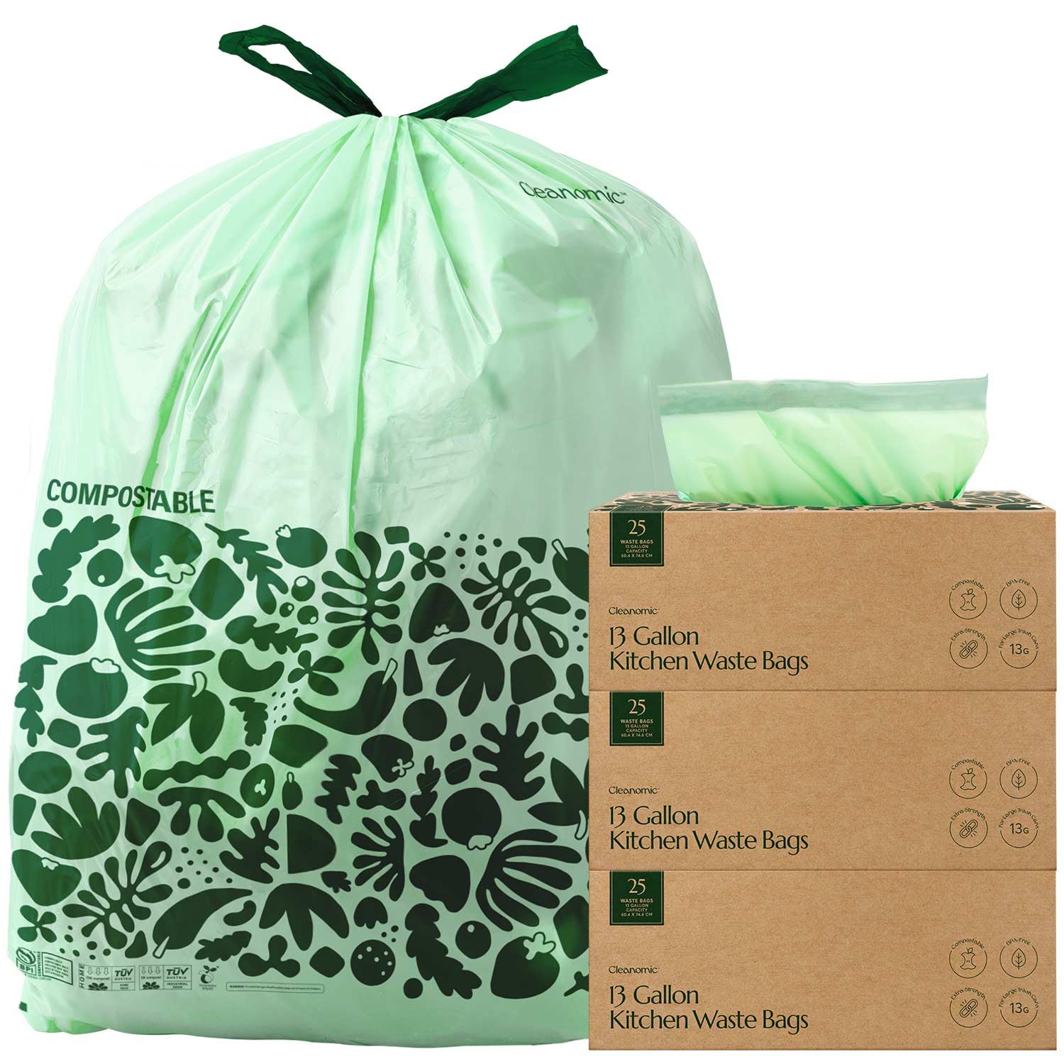 Cleanomic Compostable* Trash Bags with Drawstring (13 Gallon, 25 Units, Tall), BPI Certified For Kitchen Compost