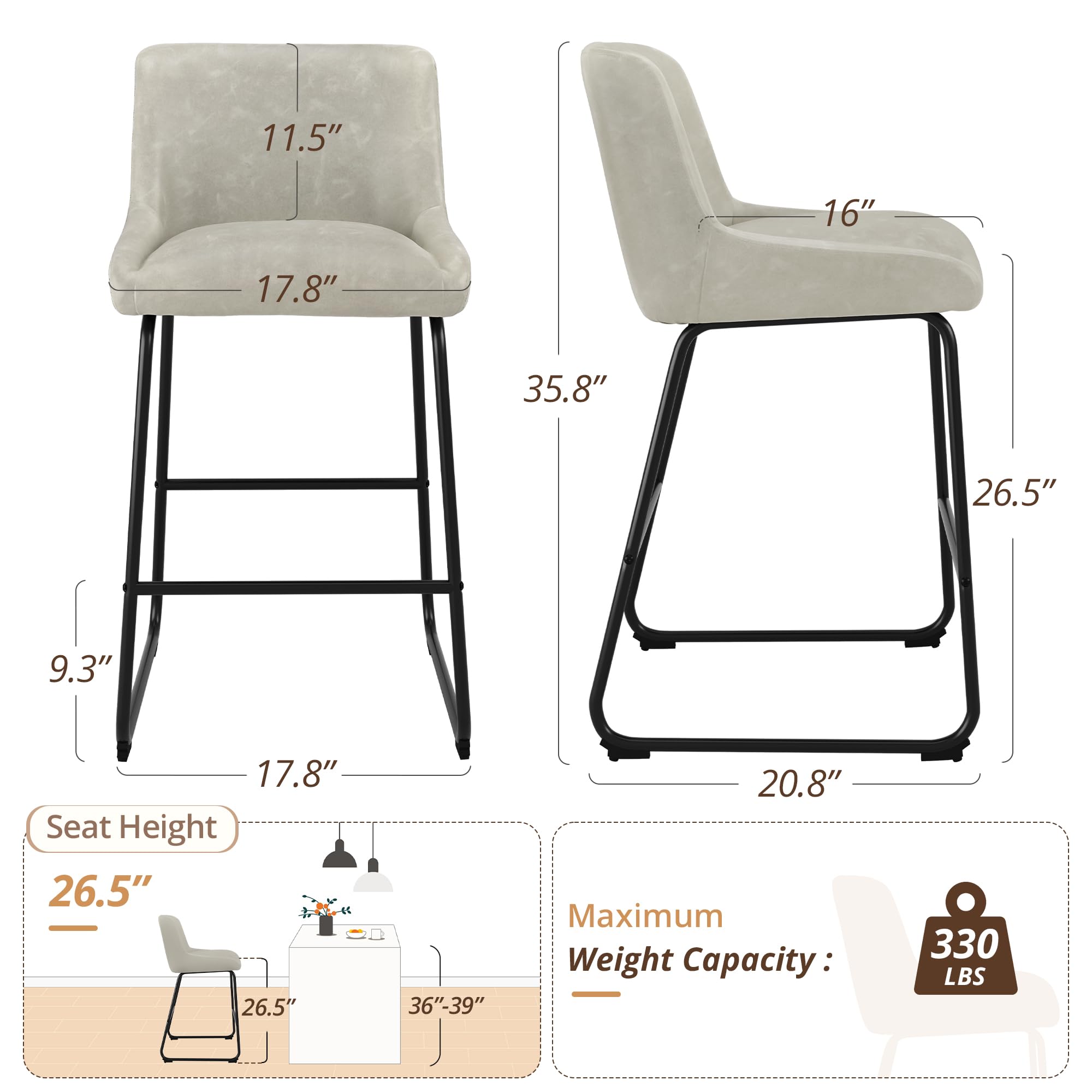 LUE BONA 26 Inch Counter Height Bar Stools Set of 2, Faux Leather Upholstered Barstools, Barstool with Back, Comfortable Bar Chairs, Modern Counter Stools for Kitchen Counter Island