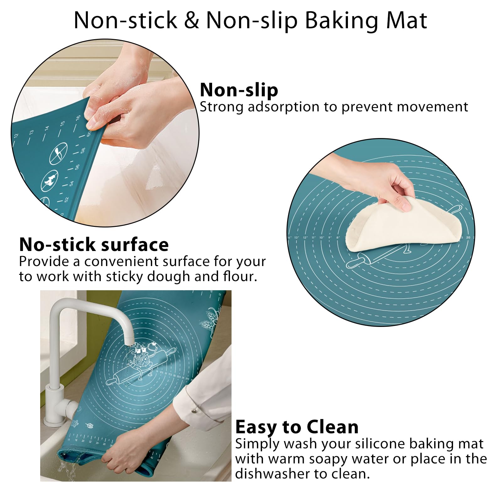 Silicone Baking Mat 24" x 16" Extra Thick Non-stick Pastry Mat with Measurements and Edge Heightening, Food Grade Silicone for Countertop Dough Rolling Making Bread, Cookies, Pizza, Fondant, Pasta