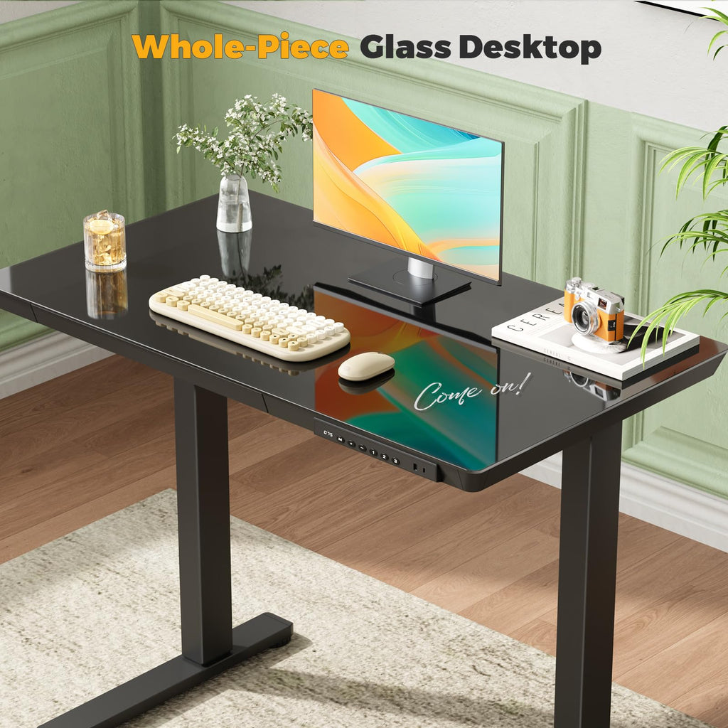 Glass Electric Standing Desk with Drawer, 35" x 20" Whole Piece Tabletop Samll Sit Stand Table, Height Adjustable Workstation with Storage & USB Ports, Quick Install Home Office Desk