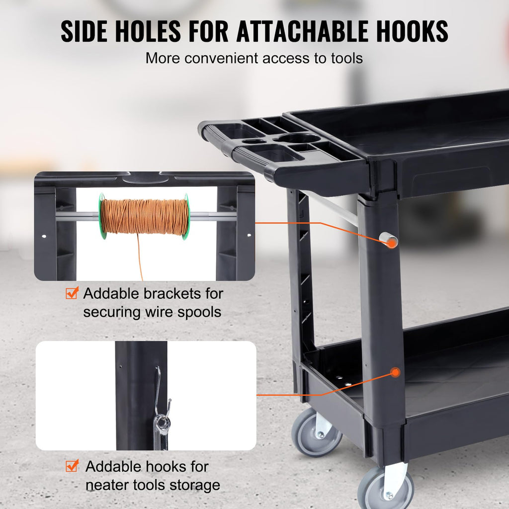 VEVOR Utility Service Cart, 2 Shelf 550LBS Heavy Duty Plastic Rolling Utility Cart, Medium Lipped Shelf, 360° Swivel Wheels, Ergonomic Storage Handle for Warehouse Garage, Black | Heavy Duty Rolling Cart with 360° Swivel Wheels, Medium Lipped Shelf, Ergon