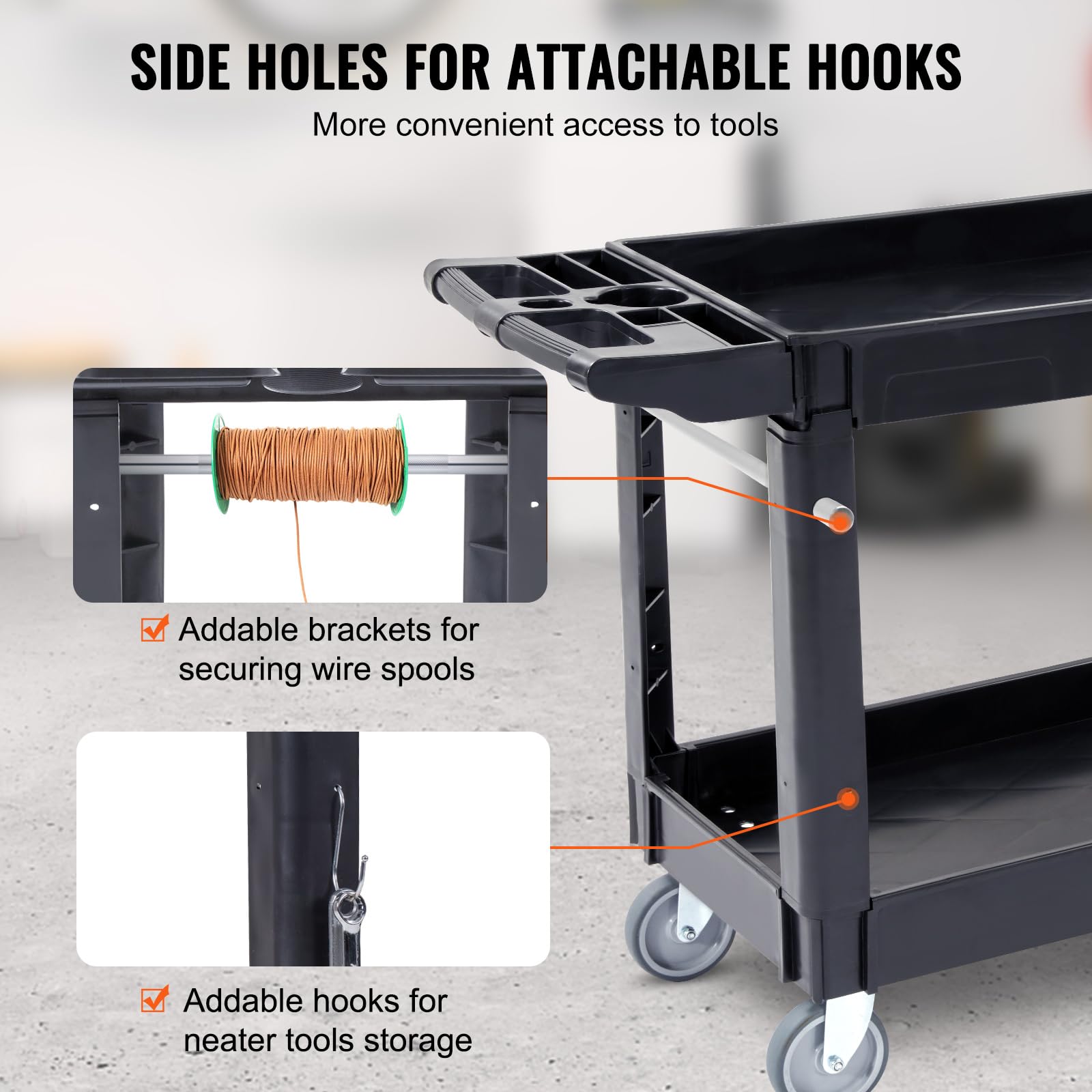 VEVOR Utility Service Cart, 2 Shelf 550LBS Heavy Duty Plastic Rolling Utility Cart, Medium Lipped Shelf, 360° Swivel Wheels, Ergonomic Storage Handle for Warehouse Garage, Black | Heavy Duty Rolling Cart with 360° Swivel Wheels, Medium Lipped Shelf, Ergon