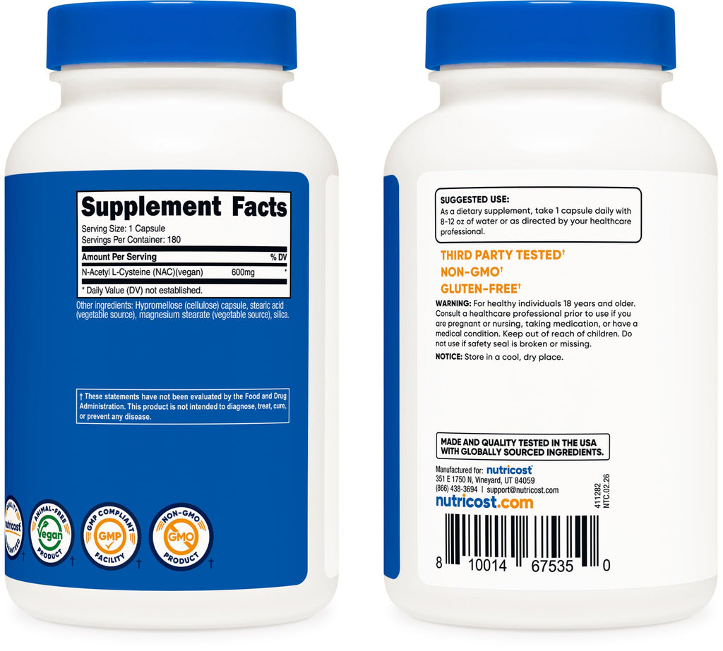 Nutricost N-Acetyl L-Cysteine (NAC) 600mg, 30 Vegan Capsules - GMO Free, Gluten Free, Vegetarian Caps