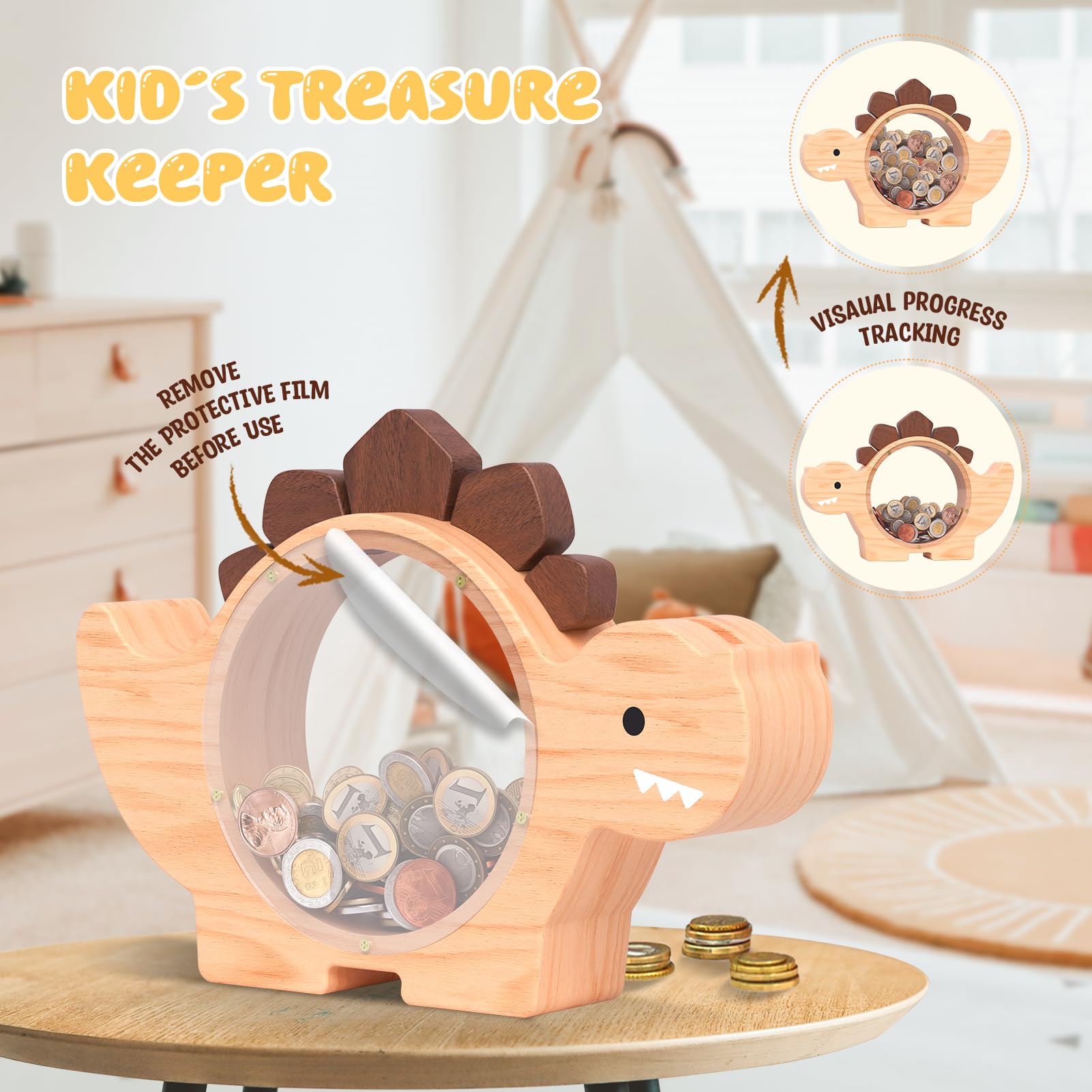 Summidate Wooden Dinosaur Piggy Bank for Kids Boys, Cute Wood Dino Money Bank for Toddlers, Creative Saving Coin Jar, Personalized Present for Child Birthday & Decor (Brachiosaurus, Custom)