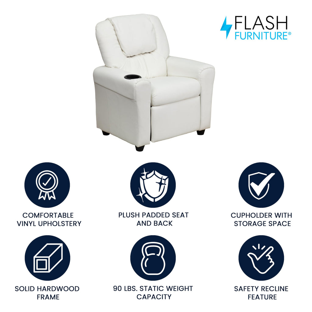 Flash Furniture Vana Vinyl Kids Recliner with Cup Holder, Headrest, and Safety Recline, Contemporary Reclining Chair for Kids, Supports up to 90 lbs., Beige