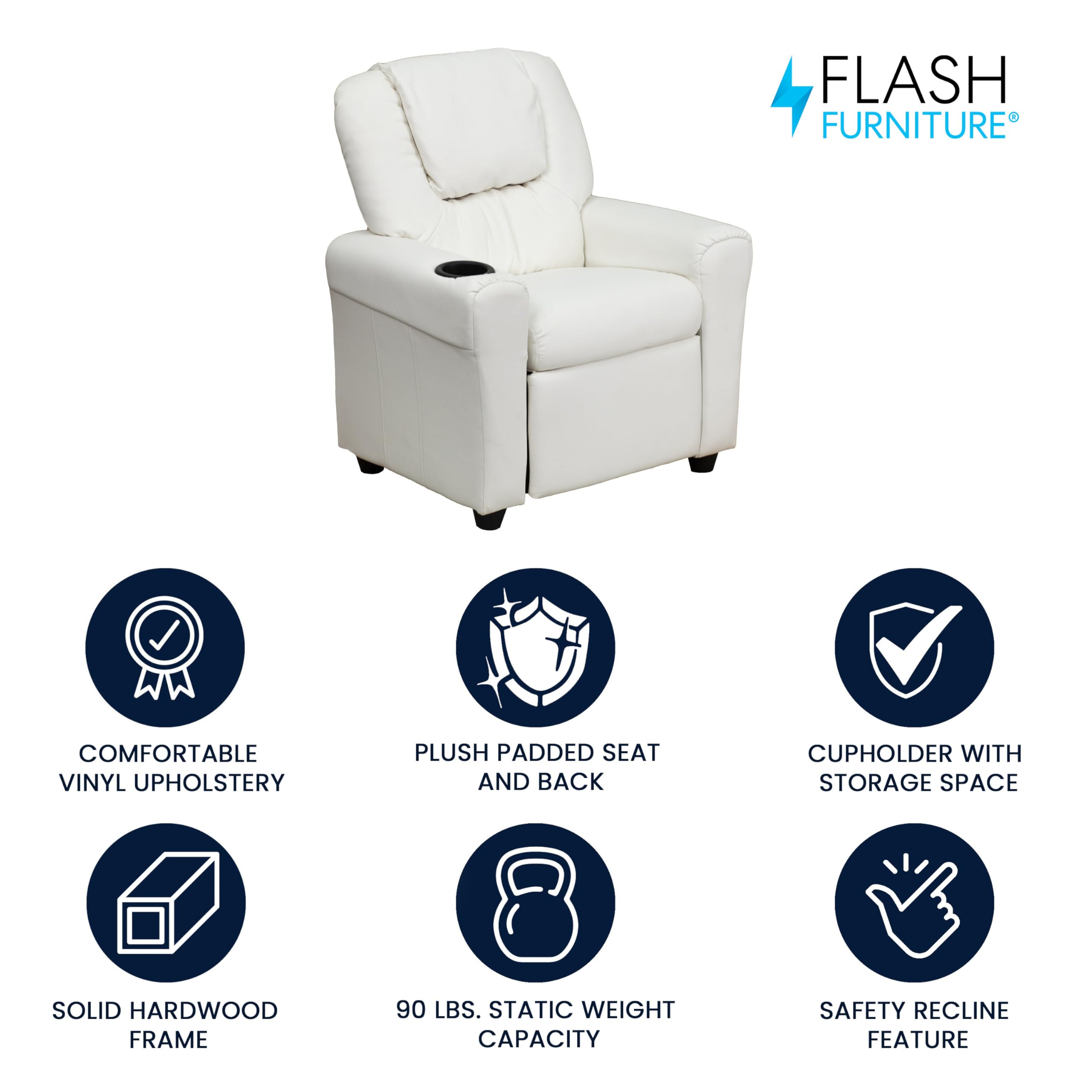Flash Furniture Vana Vinyl Kids Recliner with Cup Holder, Headrest, and Safety Recline, Contemporary Reclining Chair for Kids, Supports up to 90 lbs., Beige