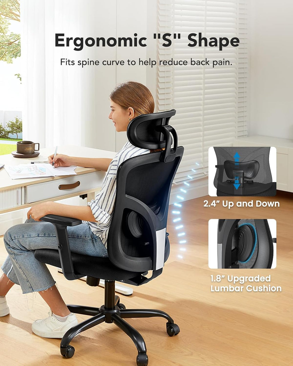 HUANUO Ergonomic Office Chair, High Back Mesh Gaming Chair for Big and Tall People with Lumbar Support, Adjustable Headrest and Armrest, Thick Cushion & Tilt Function Recliner for Home Office Black