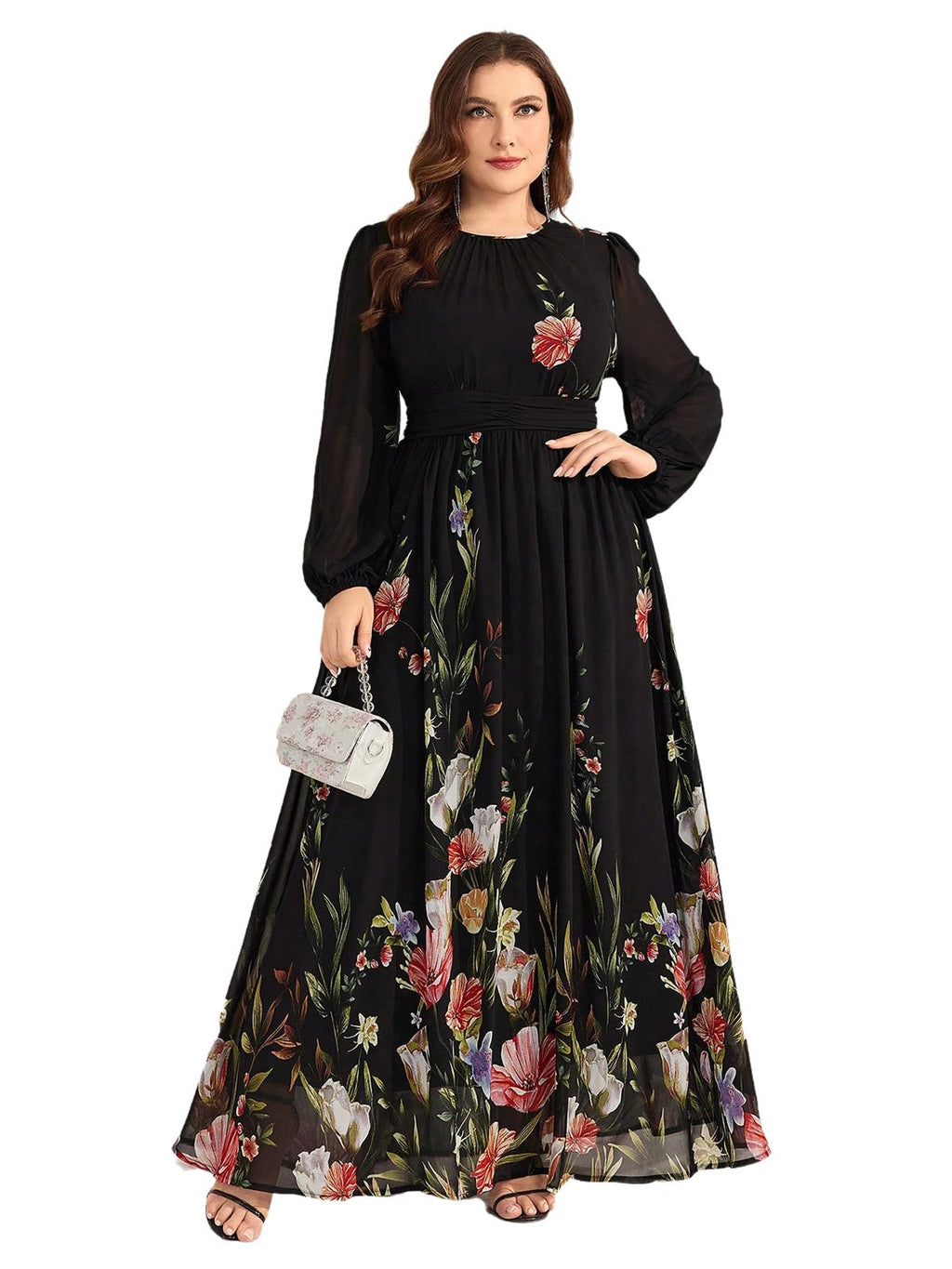 Spring Summer 2024 Plus Size Womens Dresses V Neck Casual Elegant Long Sleeve Floral Print Maxi Dress