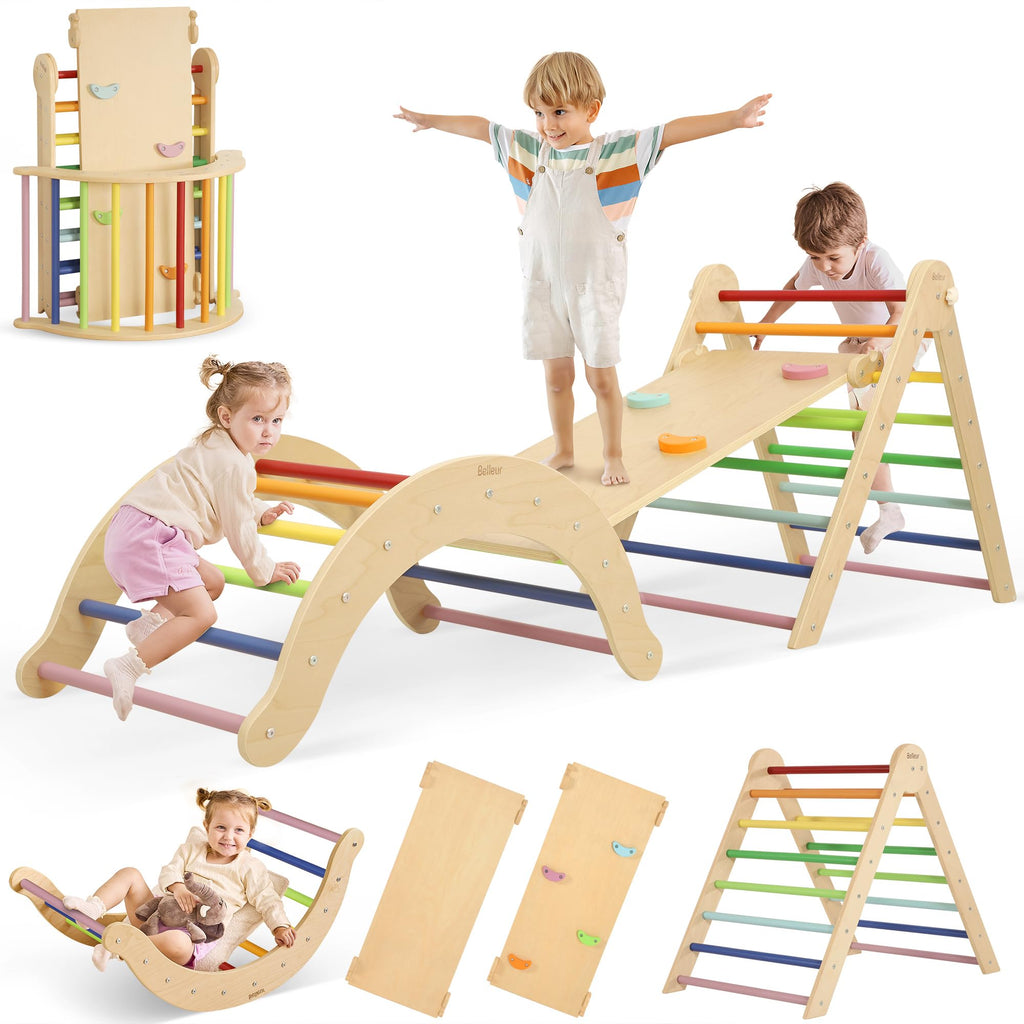 Belleur 7-in-1 Climbing Toys for Toddlers 1-3 Years Old, Foldable Wooden Pikler Triangle Set Indoor, Montessori Climbing Set with Arch, Ramp & Ladder - Natural