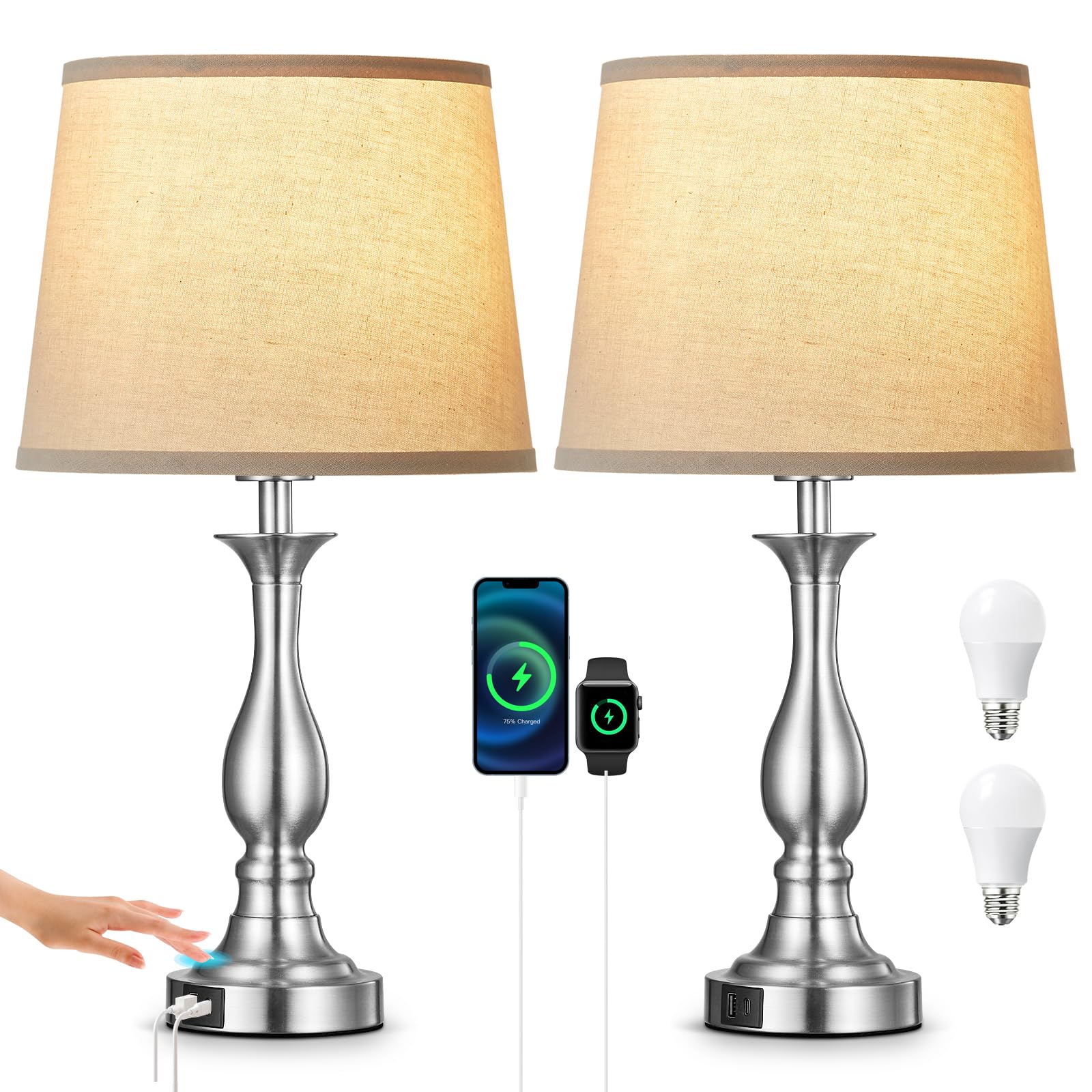 Bedside Table Lamp Touch Control Bedroom Lamps with USB A and C Charging Port 3 Way Dimmable Touch Lamps for Nightstand Living Room Bedroom Dorm Home Office Reading, Set of 2