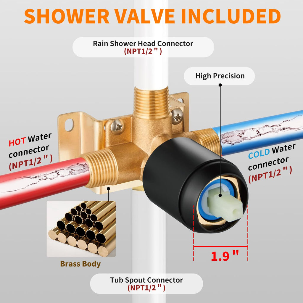 Gold Brushed Tub Shower Faucet Set With 8" Shower Head & Spout