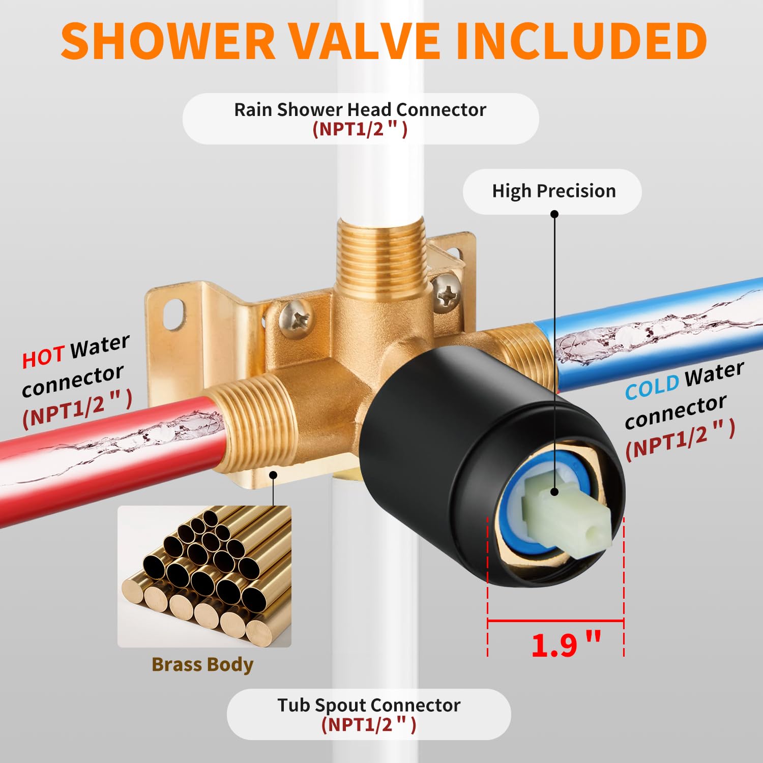 Gold Brushed Tub Shower Faucet Set With 8" Shower Head & Spout