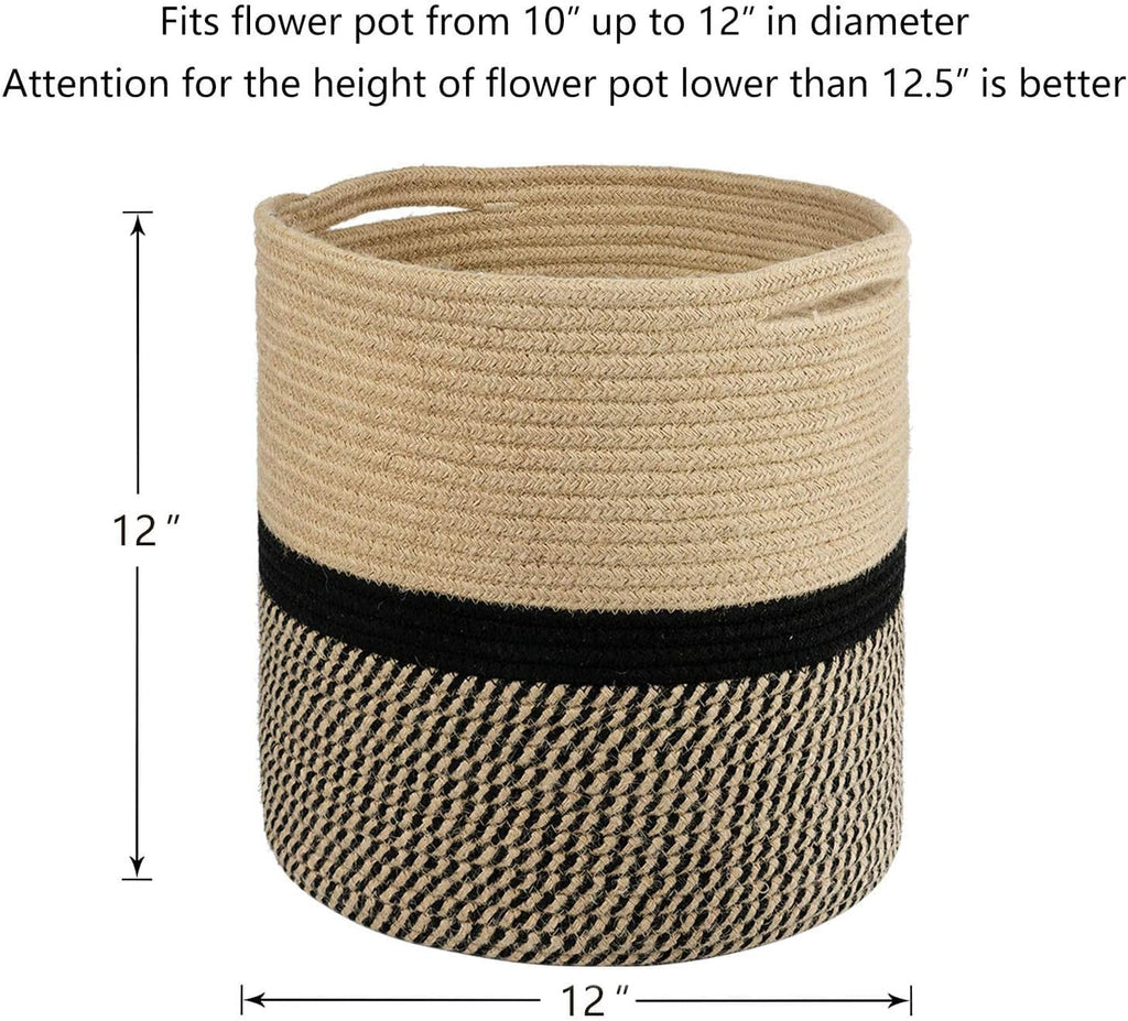 TIMEYARD Sturdy Jute Rope Plant Basket Modern Woven Basket up to 7.5 Inch Flower Pot Floor Indoor Planters, 8” x 8” Storage Organizer Baskets Rustic Home Decor, Black Stripes