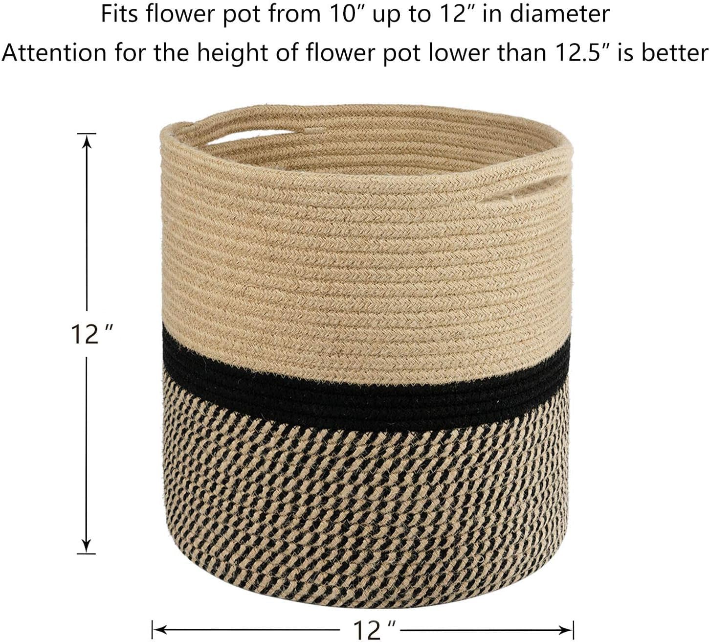 TIMEYARD Sturdy Jute Rope Plant Basket Modern Woven Basket up to 7.5 Inch Flower Pot Floor Indoor Planters, 8” x 8” Storage Organizer Baskets Rustic Home Decor, Black Stripes
