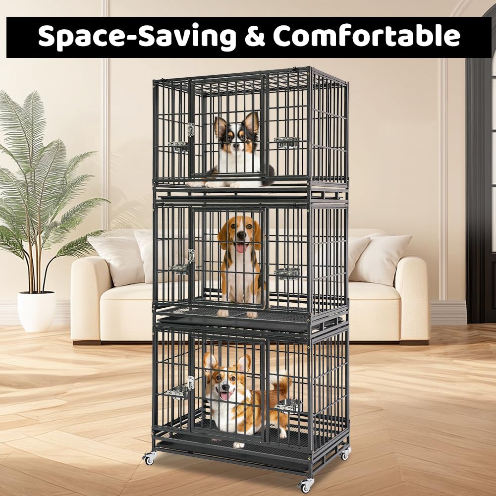 Homey Pet 37 inch Stackable Heavy Duty Dog Crate, Indestructible Escape Proof Dogs Cage Kennel with Lockable Wheels, Removable Tray & Metal Grid, Double Doors for High Anxiety Medium/Small Dogs