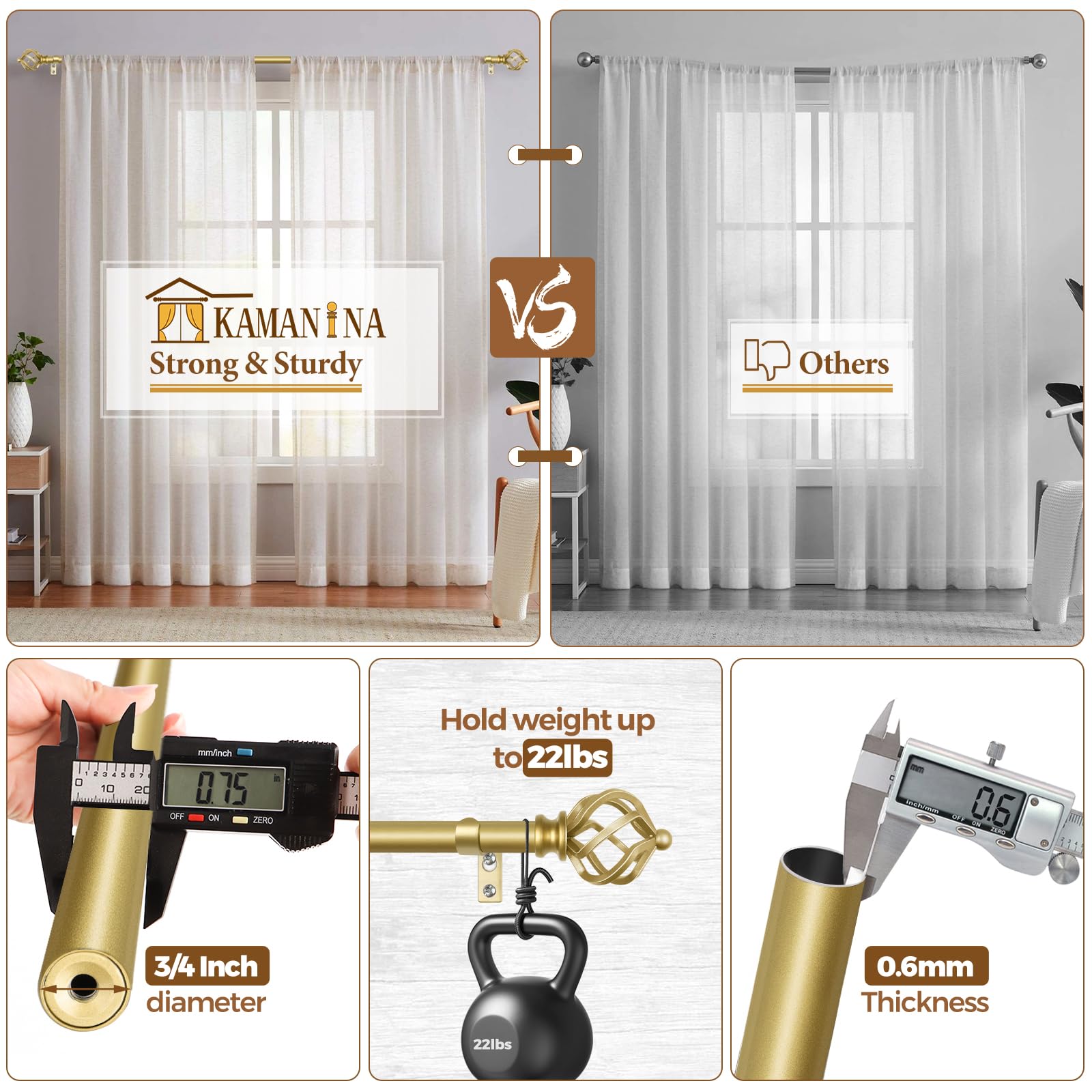 KAMANINA Silver Curtain Rod 32 to 58 Inch(2.6-4.8ft), Adjustable Curtain Rods for Windows 28 to 48 Inch, 3/4 Inch Splicing Drapery Rods with Twisted Cage Finial