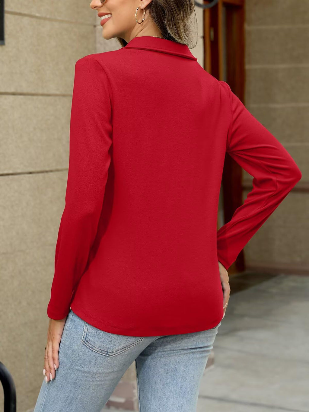 ORANDESIGNE Women's Long Sleeve Polo Shirts Casual Color Block V Neck Tops Fall Collar Ladies Tunics Tees
