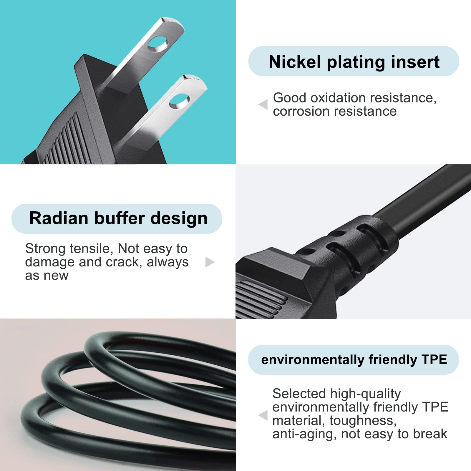 2 Prong TV Power Cable Cord for TCL Roku Smart LED LCD HD TV 24" 32" 40" 42" 43" 48" 50" 55" 60" 65" 75" 85"Inch - TCL Roku TVS 55s405 43s425 50s425 AC Plug A Power Supply Cord 3FT Cable Replacement