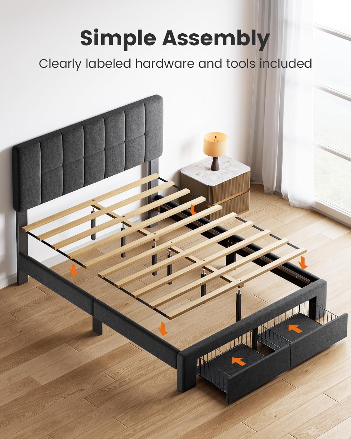 Pipishell Queen Bed Frame with 2 Storage Drawers, 12 Sturdy Legs, Solid Wooden Bed Base with Upholstered Headboard for 6″ to 12″ Mattresses, 1300 lbs High Weight Capacity, Easy Assembly, Dark Gray