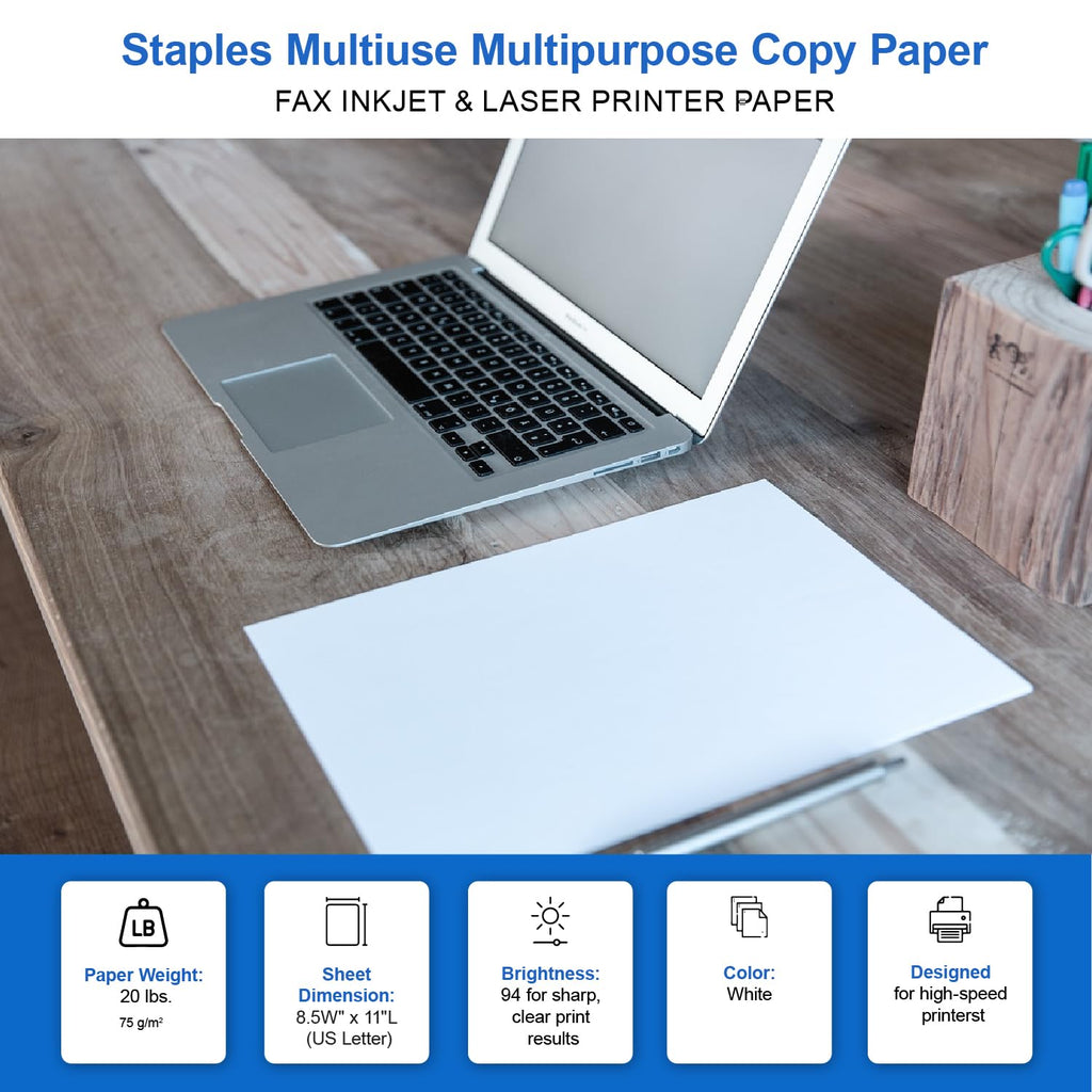 Staples Multiuse Copy Paper, 20 Lb, 94 Bright, 8 1/2" x 11", White, 3-Ream Case, For Office, School & Home