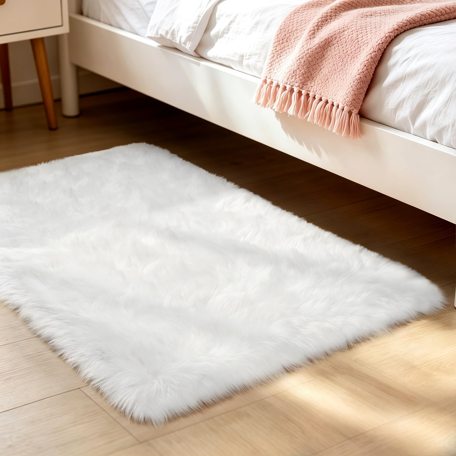 LOCHAS Soft Fluffy Faux Fur Rugs for Bedroom Bedside Rug 2x3 Feet, Washable, Furry Sheepskin Area Rug for Living Room Girls Room, Luxury Shag Carpet Home Decor, Beige