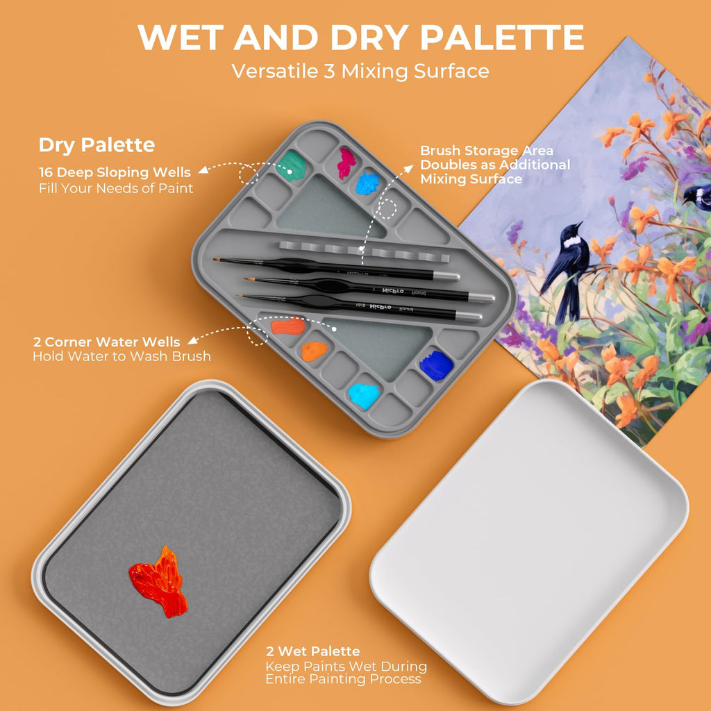 Nicpro Stay Wet Palette for Acrylic Miniature Painting Kit, Paint Tray Palettes with 100PCS Pallet Paper, 4PCS Sponge, Brush Holder Mixing Paint Saver Palette for Miniature Model Paint