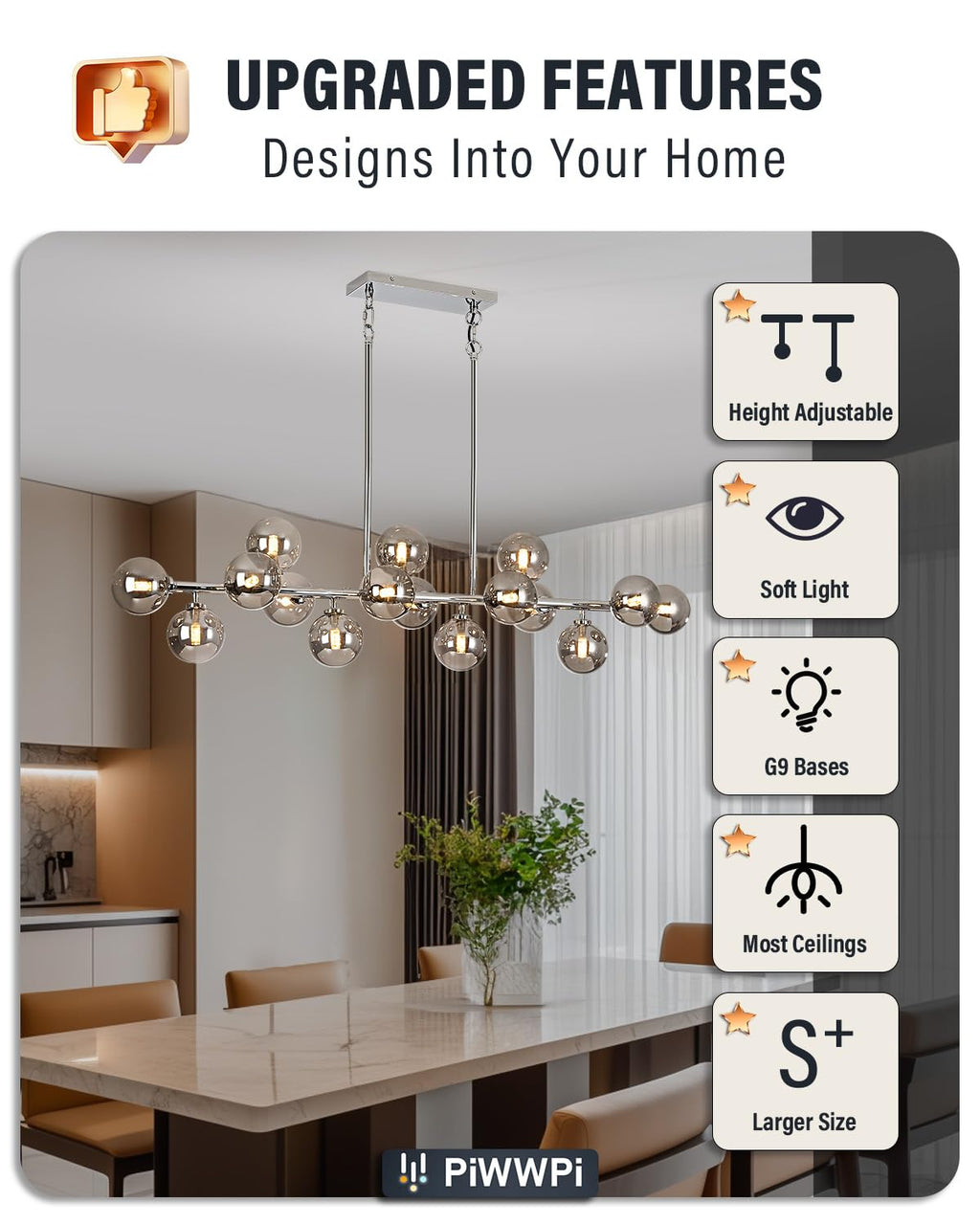 Modern Linear Chandeliers for Dining Room, 8-Light Globe Sputnik Pendant Ceiling Light, Black Dining Room Light Fixture Over Table, Mid Century Glass Milk White Bubble, 31.5 Inch, GC-09