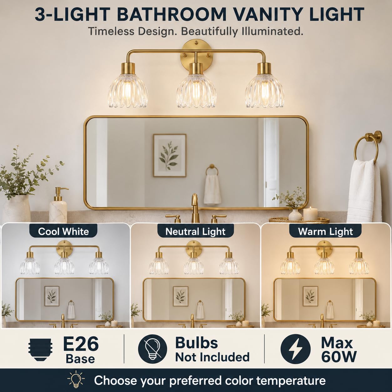 1-Light Gold Brass Bathroom Light Fixture,Wall Sconces set of 2,Brushed Gold Vanlity Light Over Mirror,Bathroom Vanity Light with White Tulip Glass Flower Shade,E26 Socket(Bulbs Not Included)