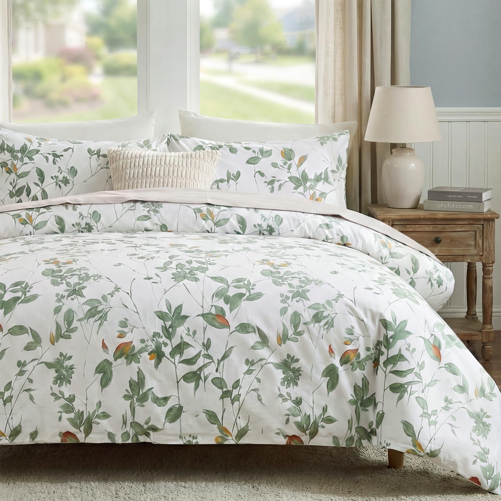 100% Natural Cotton Comforter Set Queen 3 Pcs Grayish Blue Bedding Sets with Luxurious Damask Pattern, Reversible Breathable Soft Comforter Sets for All Season