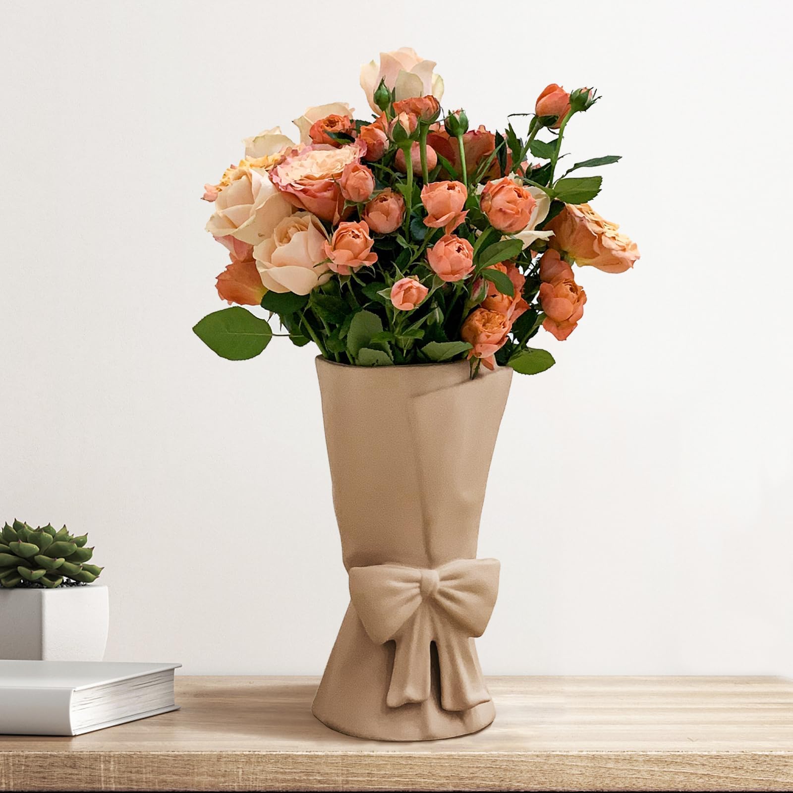 Relexome Beige Ceramic Bow Vase 9.64 in Unique Cute Modern Decorative Bouquet Flower Vases for Home Living Room Table Decor Women Girl Gifts