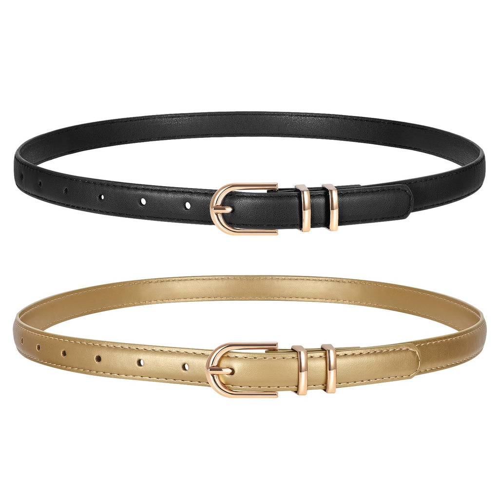 TRIWORKS 2 Pack Women Skinny Leather Belts for Jeans Pants Thin Faux Leather Belt with Gold Buckle