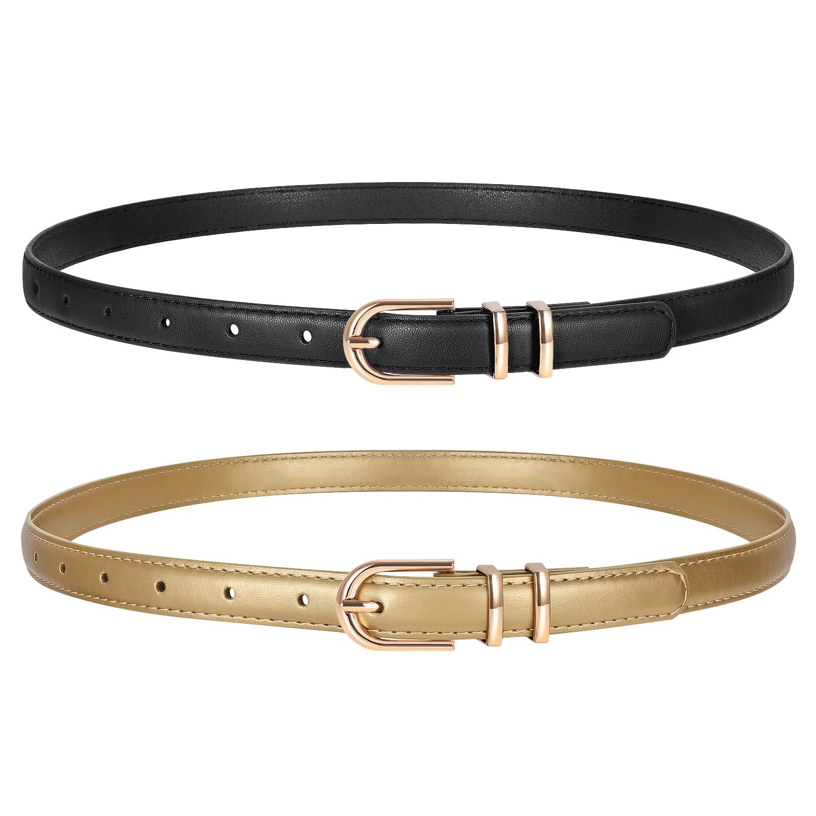 TRIWORKS 2 Pack Women Skinny Leather Belts for Jeans Pants Thin Faux Leather Belt with Gold Buckle