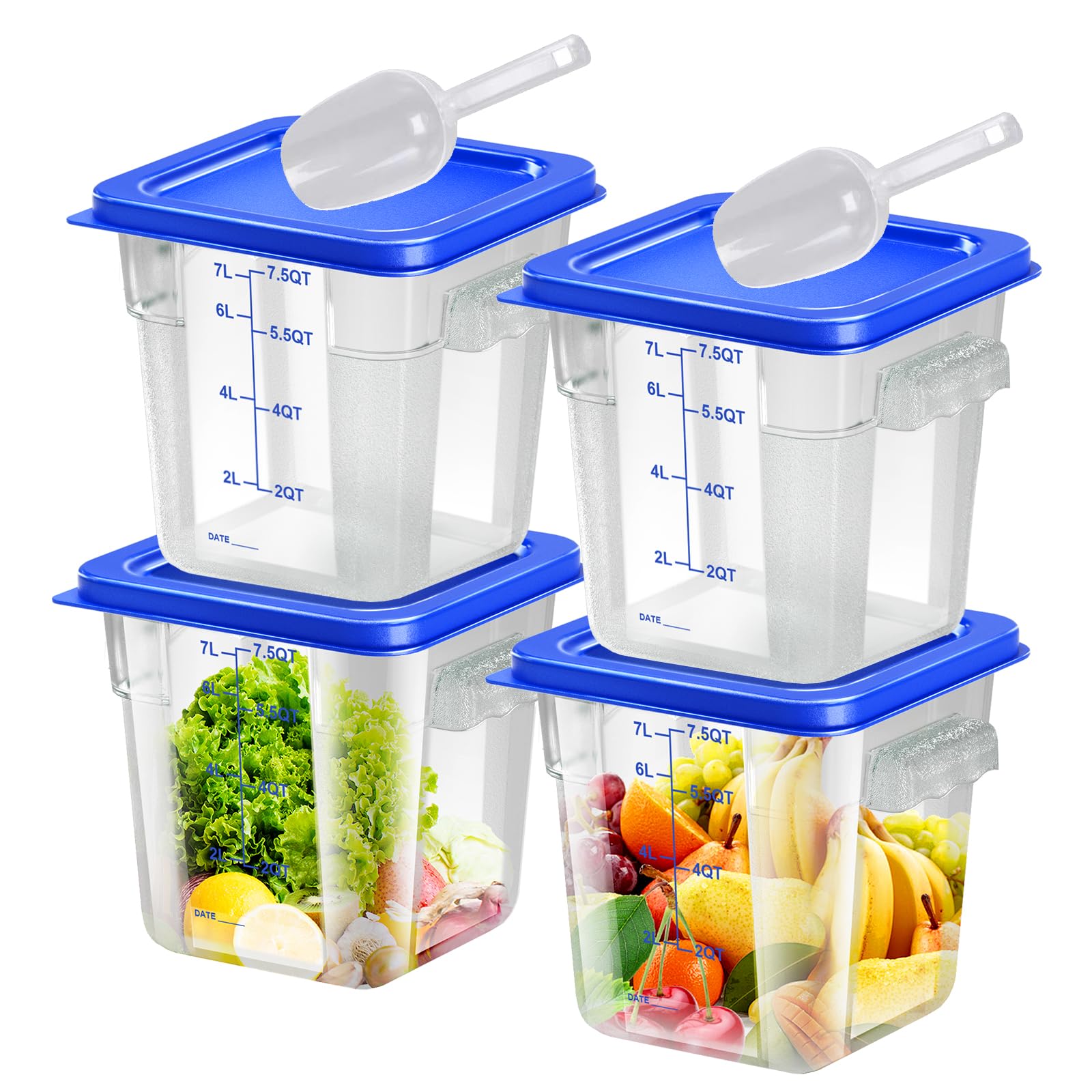 6 pcs 2qt Food Storage Containers with Lid, Square Clear Commercial Storage Containers with Handle and Scale for Food Storage in Home Kitchen & Dining (Green)