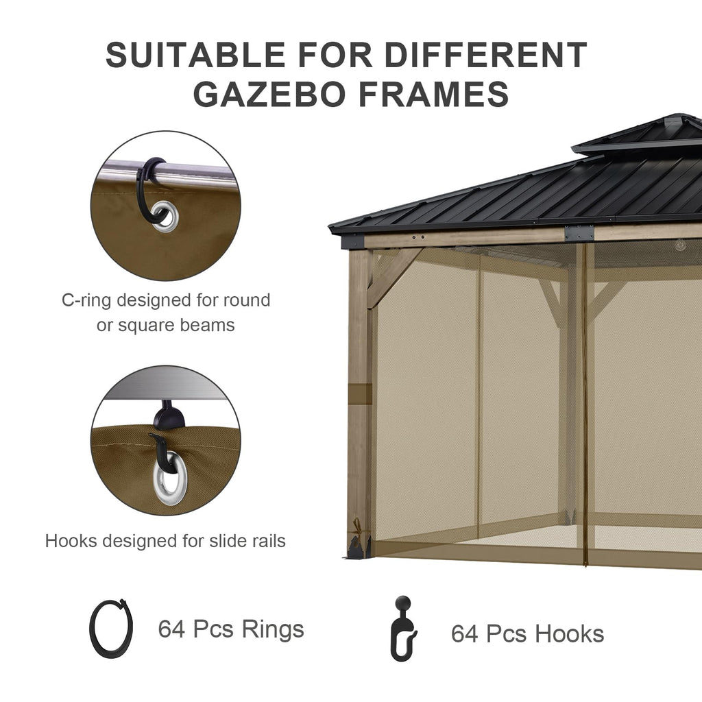 BPS 10' x 10' Gazebo Universal Mosquito Netting Screen Replacement, 4-Panel Mesh Screen Walls with Double Zippers for Outdoor Patio, Khaki (Mosquito Net Only)
