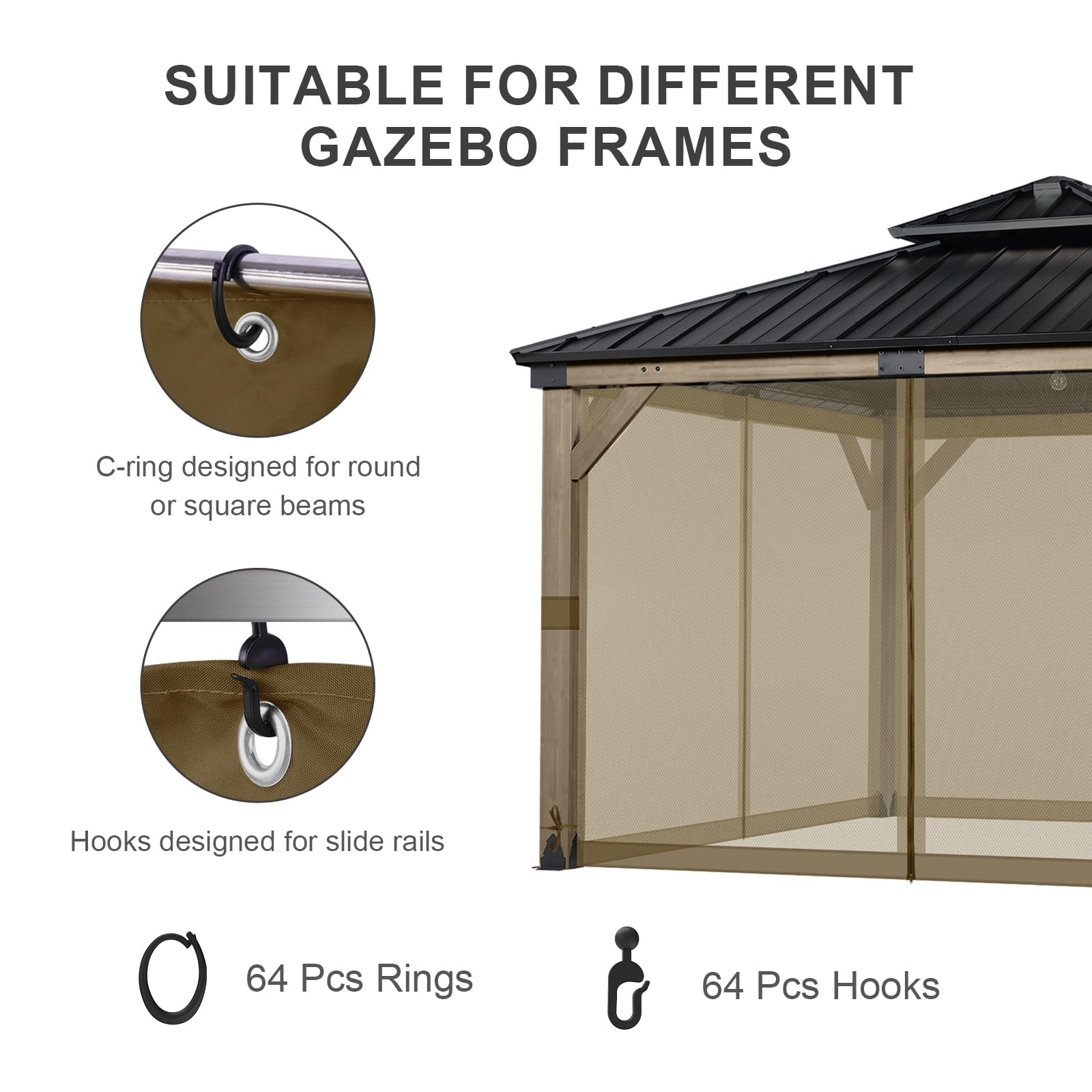 BPS 10' x 10' Gazebo Universal Mosquito Netting Screen Replacement, 4-Panel Mesh Screen Walls with Double Zippers for Outdoor Patio, Khaki (Mosquito Net Only)