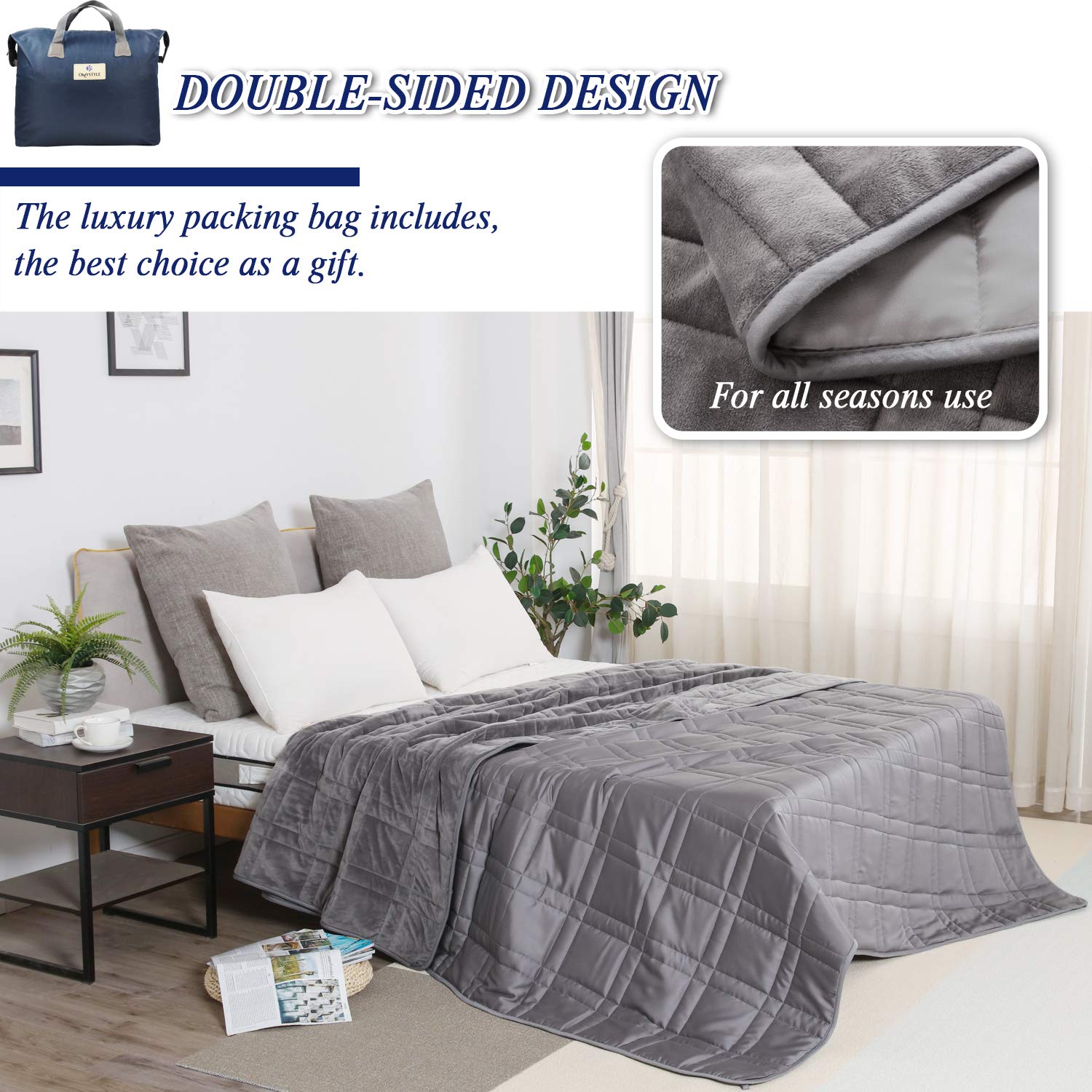 OMYSTYLE Reversible Weighted Blanket 48''x72'' 15lbs for Adults, Warm Short Plush and Cool Tencel Fabric Double-Sided Weighted Blanket for All Season Use - Carry Bag Included