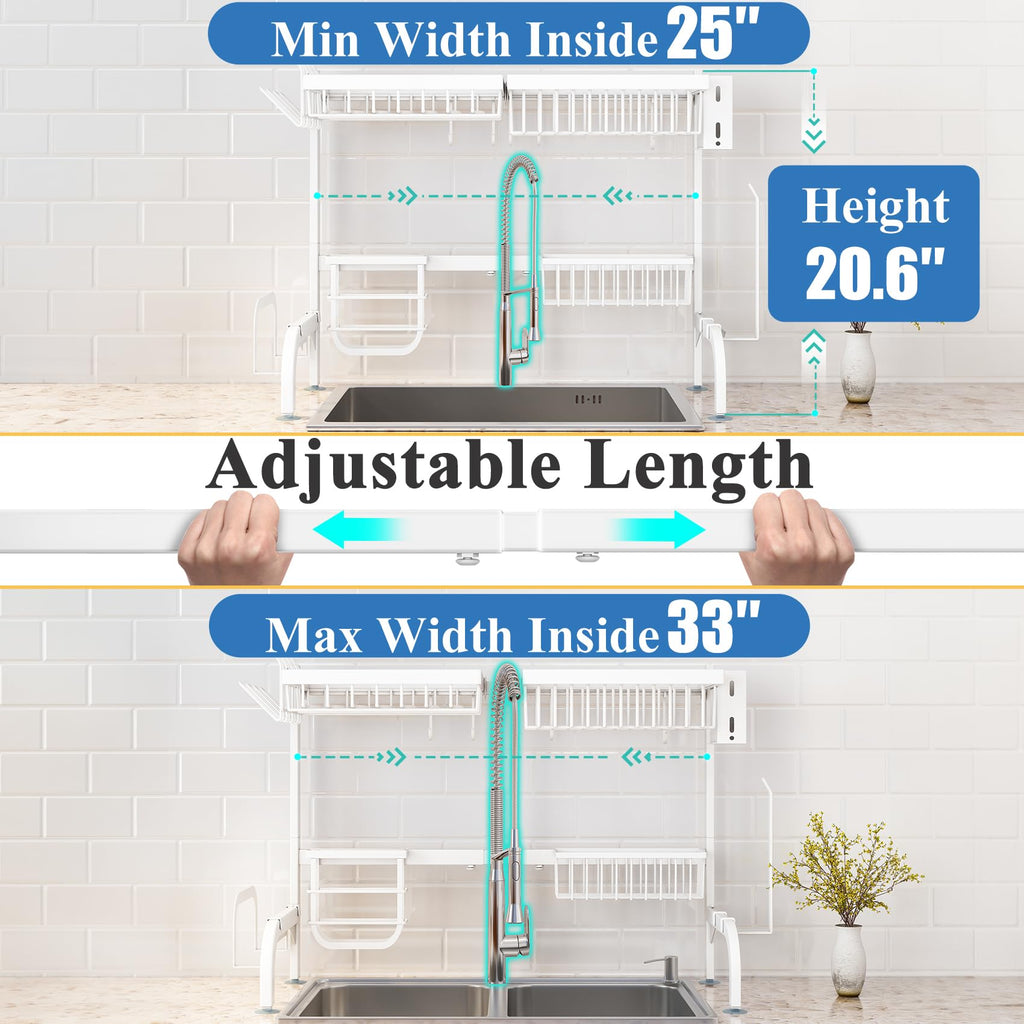 SAYZH Over the Sink Dish Drying Rack, Adjustable (25.5 to 33.5 inch) 2 Tier Metal Steel Dish Drying Racks for Kitchen Counter with Hooks Paper Towel Utensil Cup Holder Sink Caddy (Black)