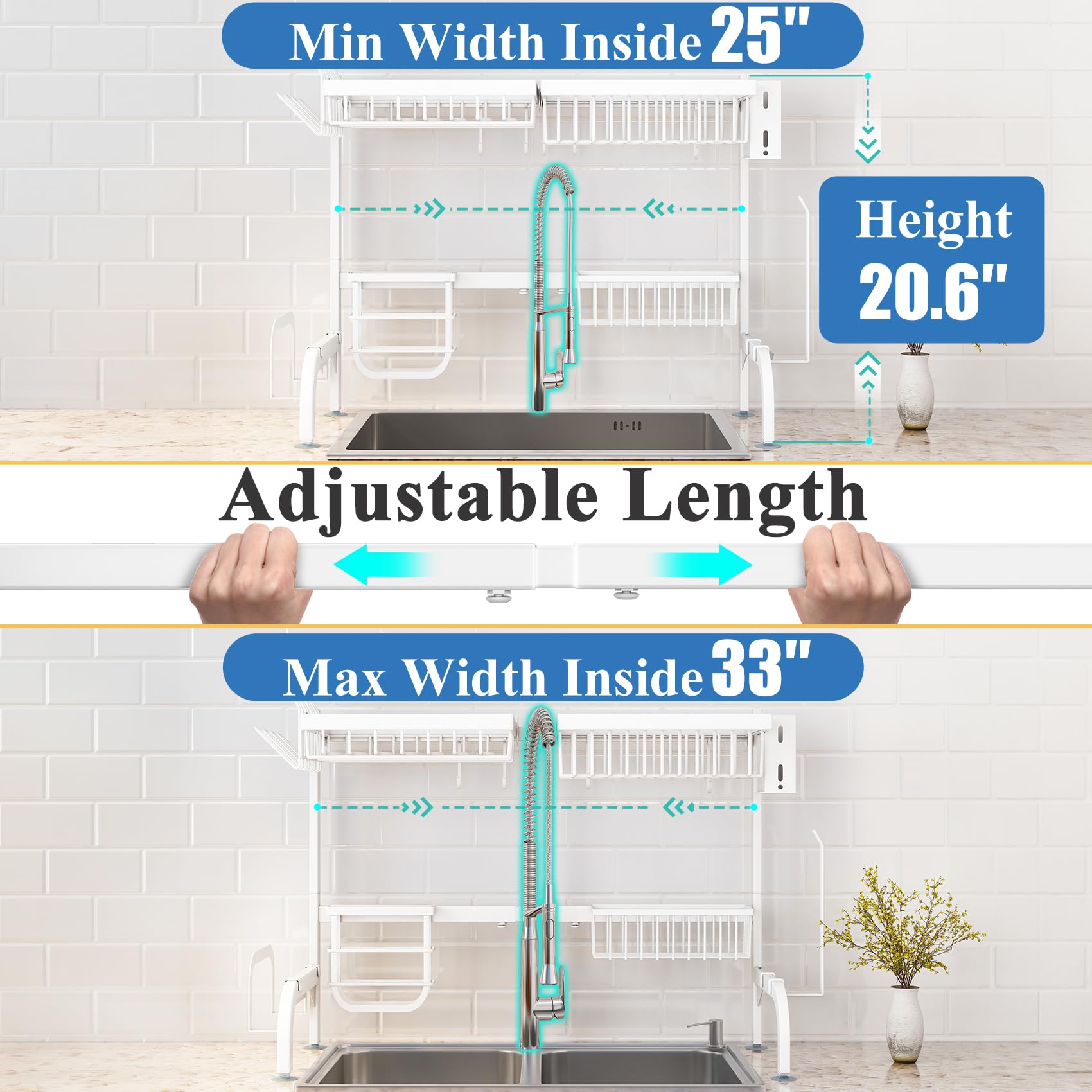 SAYZH Over the Sink Dish Drying Rack, Adjustable (25.5 to 33.5 inch) 2 Tier Metal Steel Dish Drying Racks for Kitchen Counter with Hooks Paper Towel Utensil Cup Holder Sink Caddy (Black)