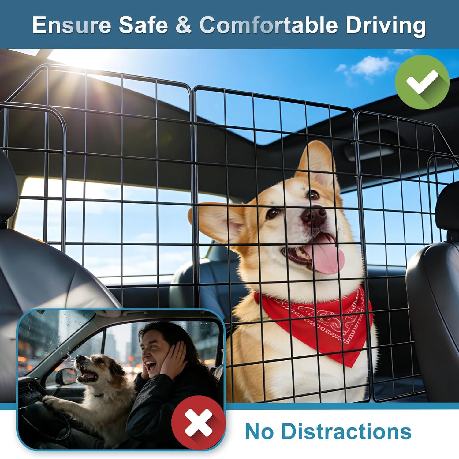 FEED GARDEN Dog Car Barrier for SUVs, Adjustable Universal-Fit Heavy-Duty Wire Mesh Pet Divider for Vehicles, Trucks, Vans, Car Accessories Safety Travel, Triple Folding (36.6"-60.6")
