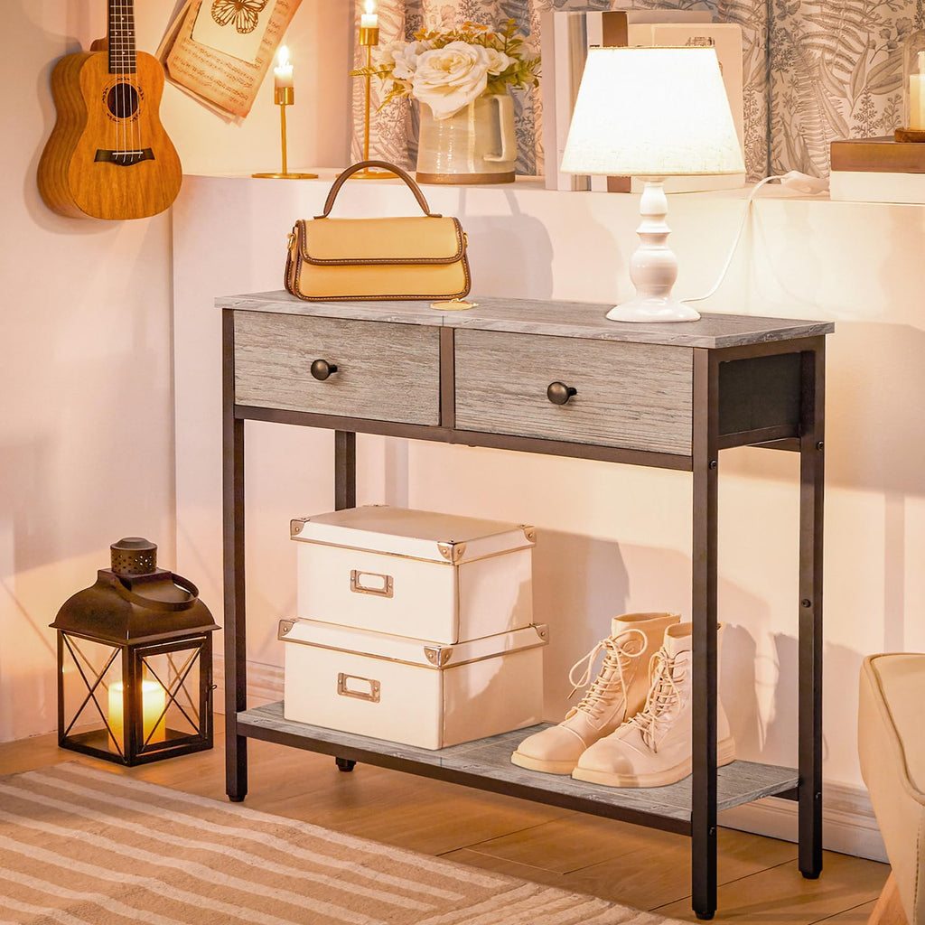HOOBRO 29.5" Narrow Console Table with 2 Fabric Drawers, Small Entryway Table with 2-Tier Storage Shelves, Sofa Table, Behind Couch Table, for Living Room, Hallway, Black BB71XG01