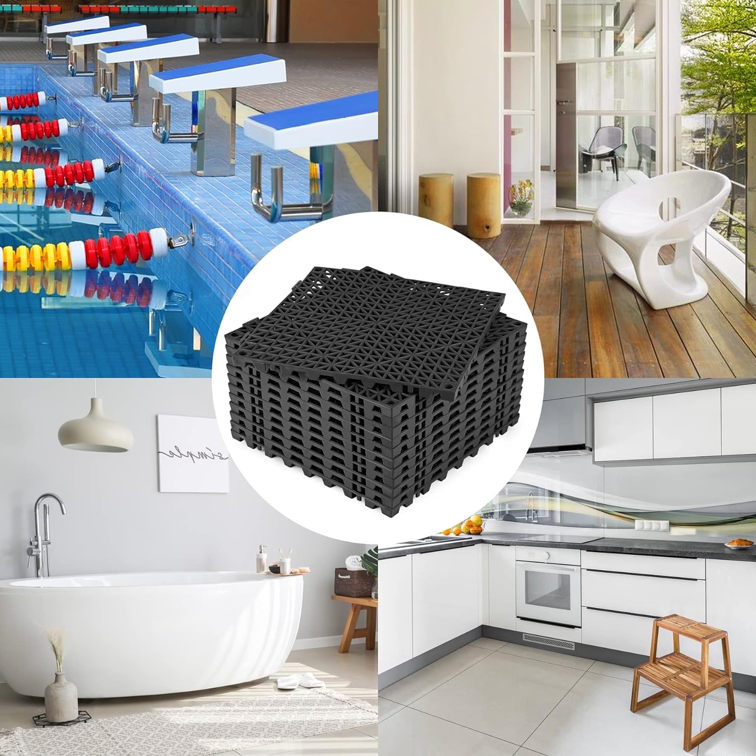 ToLanbbt Modular Interlocking Cushion 8P 11.8" x 11.8" Interlocking Rubber Floor Drain Holes Non-Slip Splicing Drainage Mats for Deck, Shower, Kitchen, Drain Pool, Sauna Bath, Indoor Outdoor (Black)