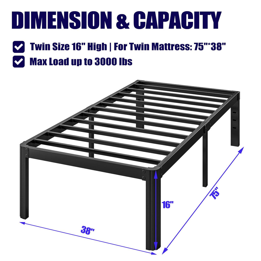 Hunlostten 16" Heavy Duty Twin Bed Frame No Box Spring Needed, Metal Platform Bed Frame Twin with Round Corners, Easy Assembly, Noise Free, Black