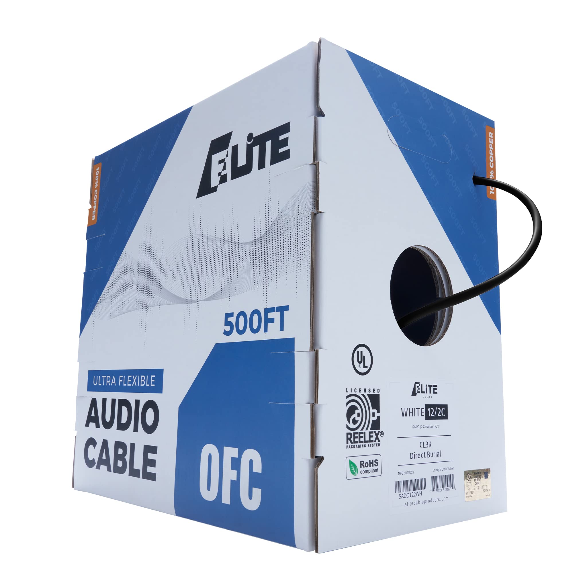 Elite 12/2 Speaker Wire 100ft, UL Listed, CMR/CL3R, (Riser/in-Wall & Outdoor/In-Ground (Direct Burial)- 100% Oxygen Free Pure Bare Copper (OFC), 12AWG/2-Conductor, 100ft Bulk Cable (65 Strands) Black