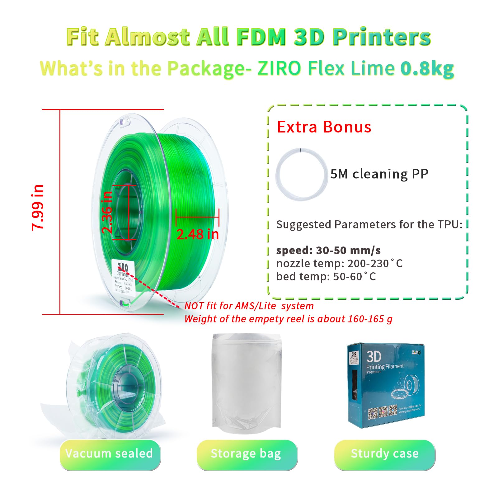 ZIRO TPU Filament 1.75mm 3D Printer Filament, Shore 95A Hardness TPU, Flexible Soft Material, 0.8KG/1.8lbs Spool, Fit Most FDM 3D Printers, Black