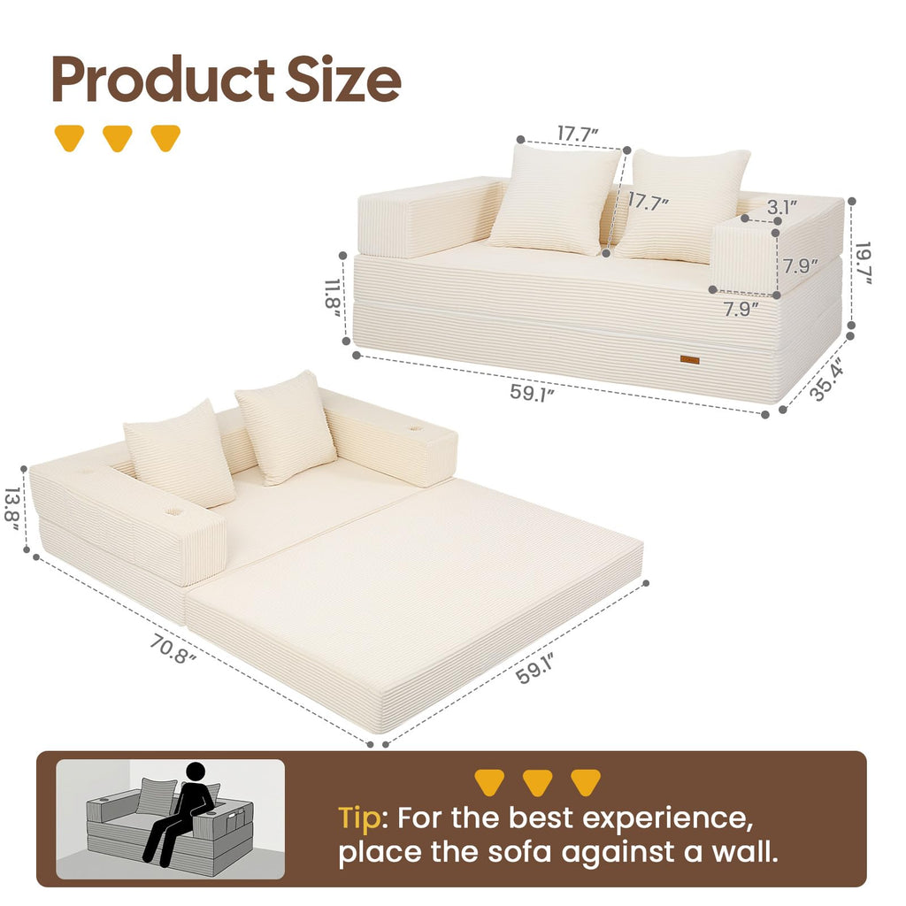 COMAX Futon Sofa Bed, 4‑in‑1 Convertible Sofa Bed, Folding Boneless Couches | Boneless Couch for living room, Fold Out Small Foldable Loveseat Floor Sleeper Mattress Lounge Space‑Saving, Ash Gray