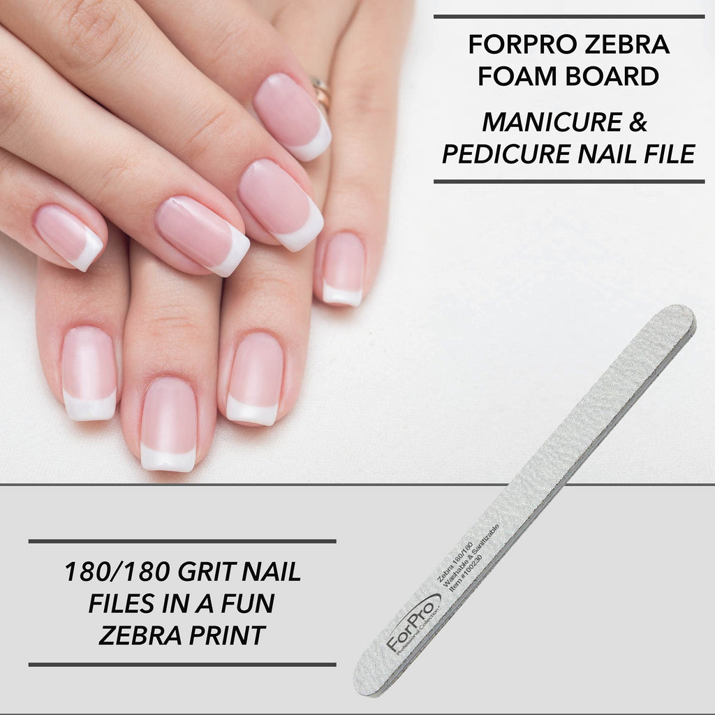 ForPro Professional Collection ForPro Zebra Foam Board, 80/80 Grit, Double-Sided Manicure Nail File, 7 inches L x .75 inches W, Black, 50 Count
