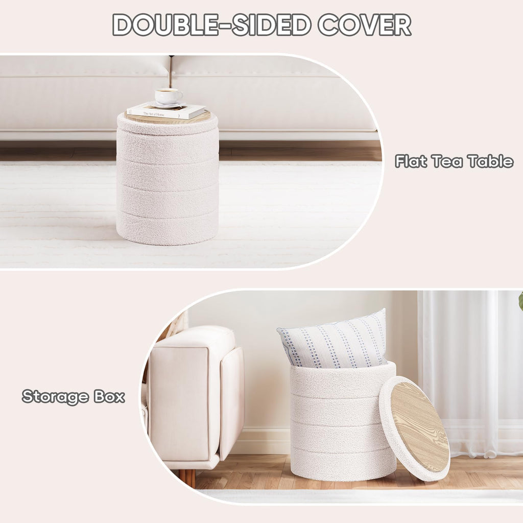 PINPLUS Round Storage Ottoman Foot Rest Stool with Tray Velvet Sherpa Folding Storage Ottoman,Boucle Foot Rest for Living Room, Bedroom, Dorm（Beige）