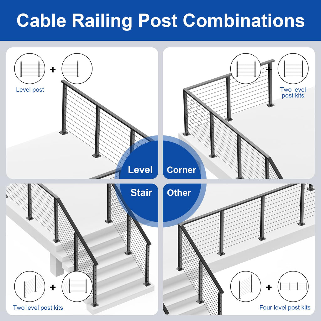 BLIKA 36" Cable Railing Corner Post, 304 Stainless Steel, 2-Side Drilled Adjustable Top Corner Post, Surface Mount Matte Black Cable Railing System Corner Post