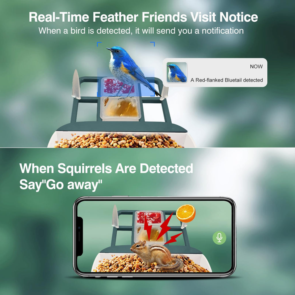 Smart Bird Feeder with Camera,AI Identify Species,Bird House with Solar Powered,Instant Arrival Alerts,2K Capture Video,Live View for Lover (Blackish Green)